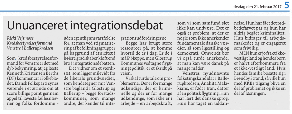 Folkebladet - Ricki Vejsmose - Unuanceret integrationsdebat